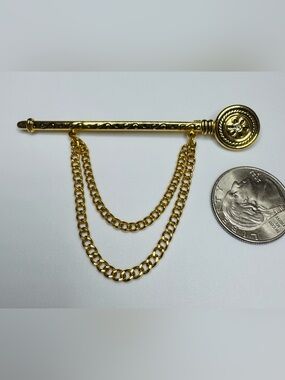 Gold-Tone Double Chain Bar Brooch with Crystal Accent